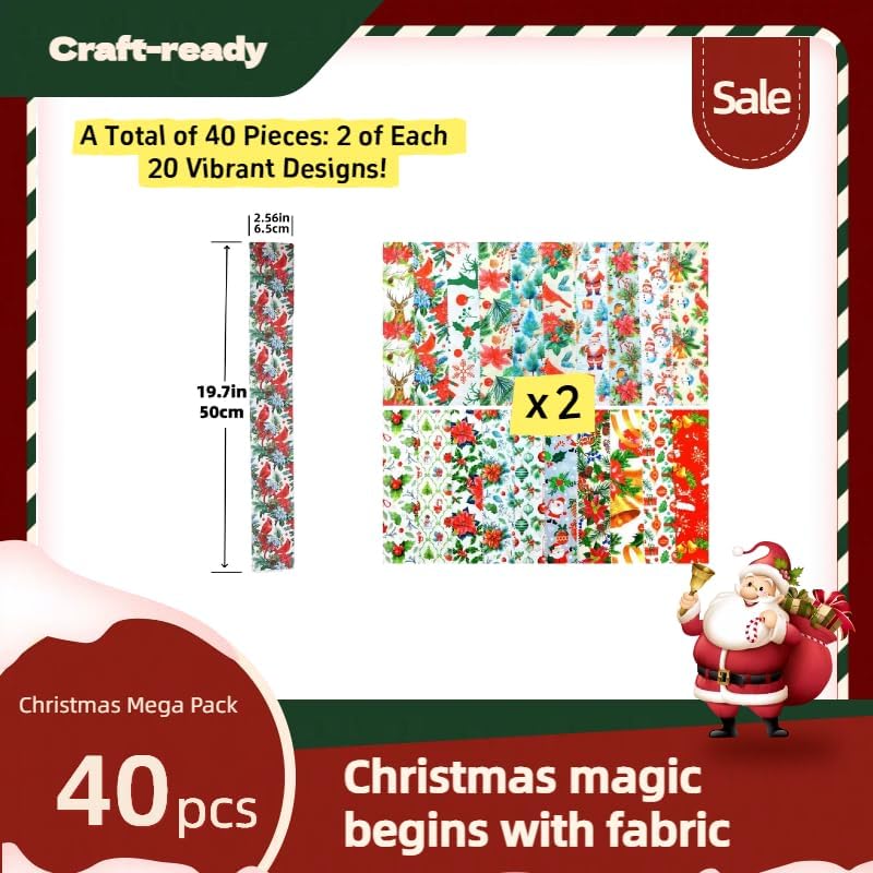 ADAIER 40 Pcs Precut Christmas Quilting Fabric Strips | 20 Designs, Pinking Edge Prevents Fraying | 2.5x19.7 Inch for DIY Craft & Sewing - Image 2
